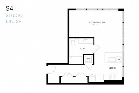 Floor plan for studio, 1 bath, 640 sqft